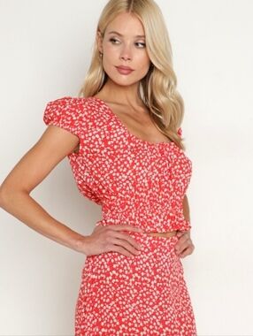 Faithfull the Brand Las Olas Cropped Coral Floral Blouse, 4/S, Vacation Romantic